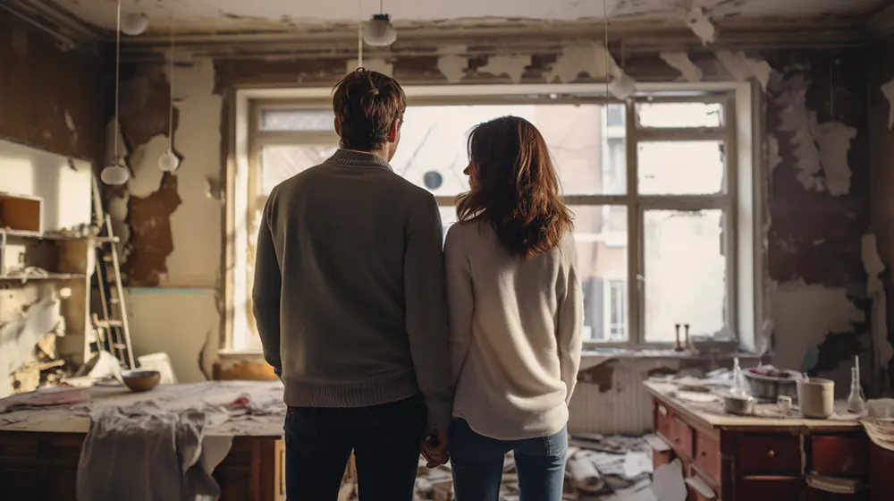 A couple looking at their apartment that needs to be remodeled