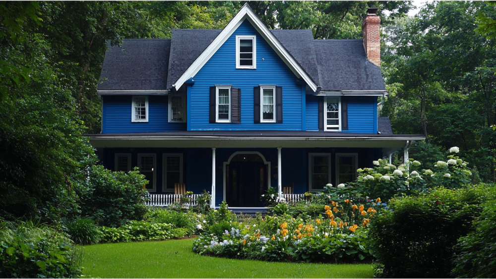 A house with blue siding