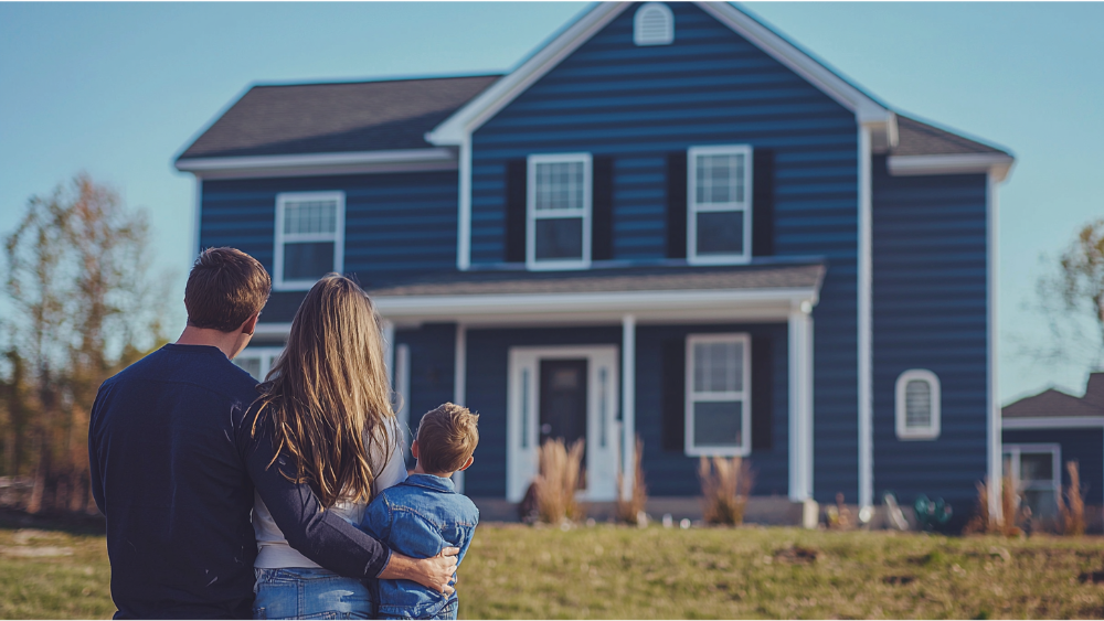 A family standing in front of their house with blue siding