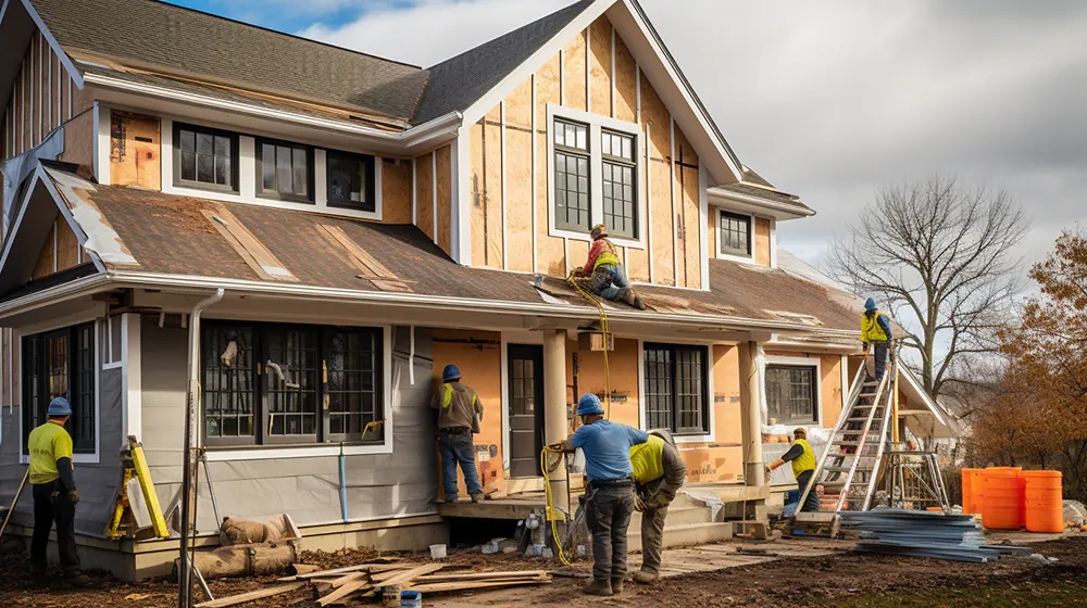 A team of construction workers installing board and batten siding