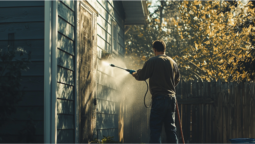 A man power washing siding