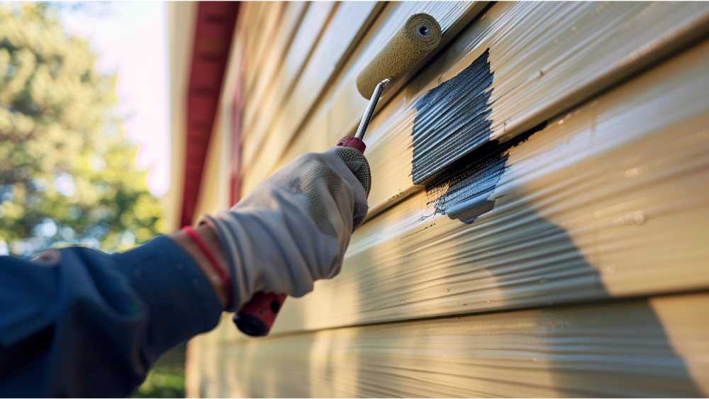 A man painting siding