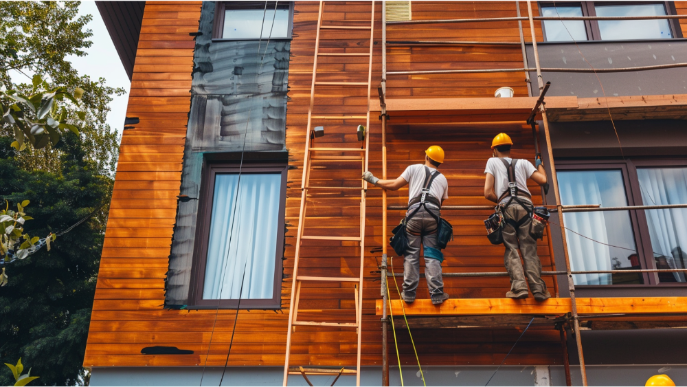 A team installing cedar siding