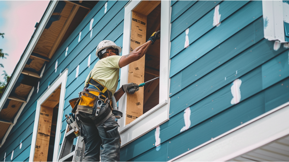 A man installing siding on a house