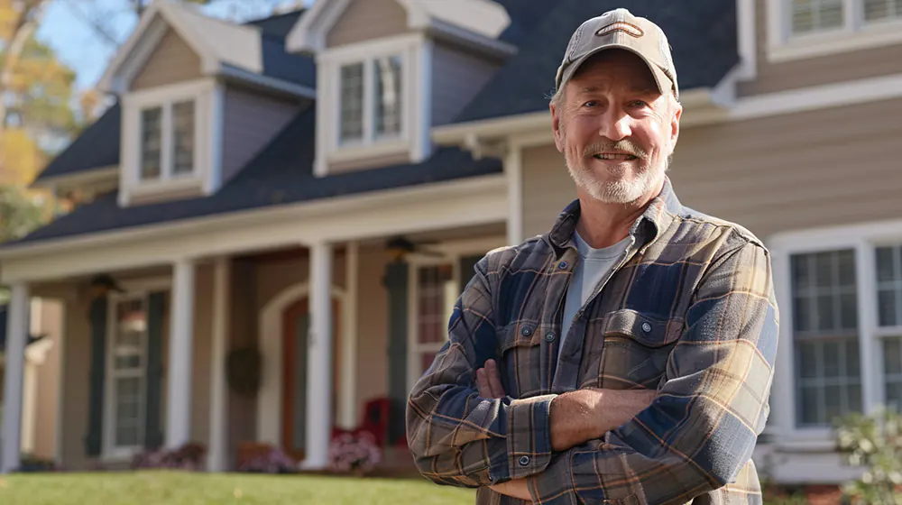 A siding contractor standing in front of a home