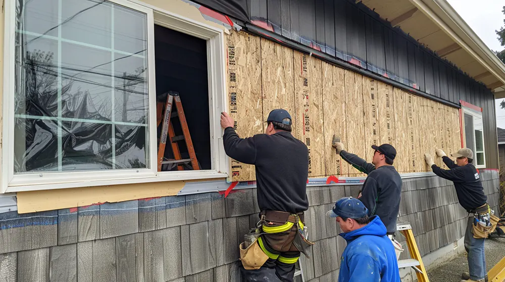 A team replacing siding