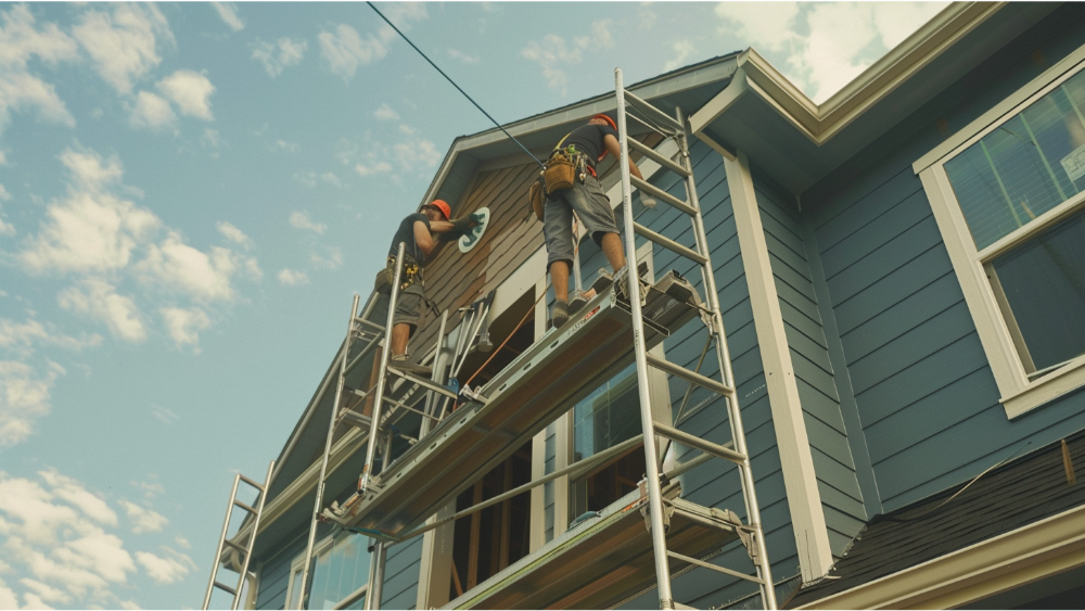 A team installing siding