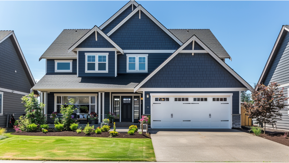 A house in with blue siding