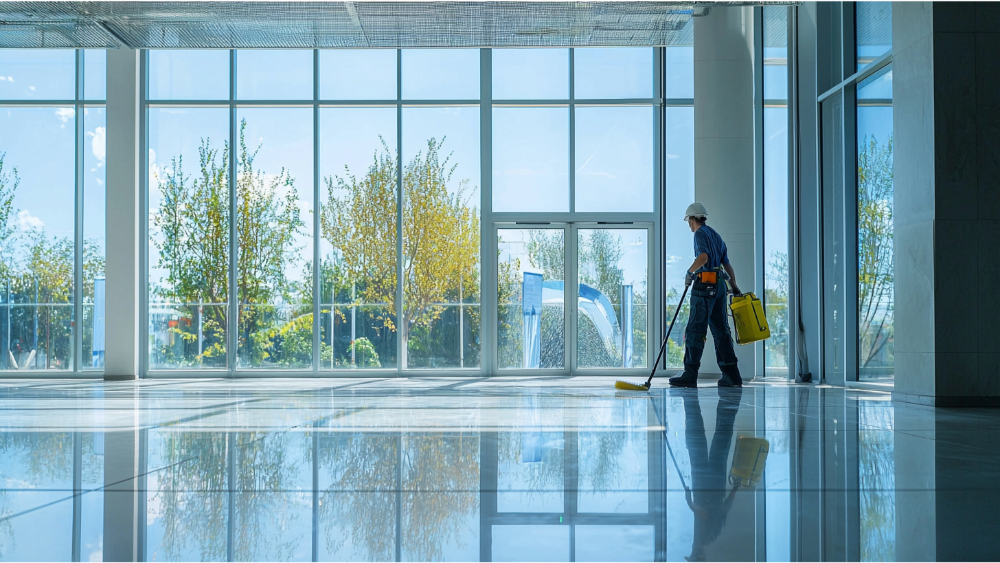 A man keeping maintenance on the floor to ceiling windows