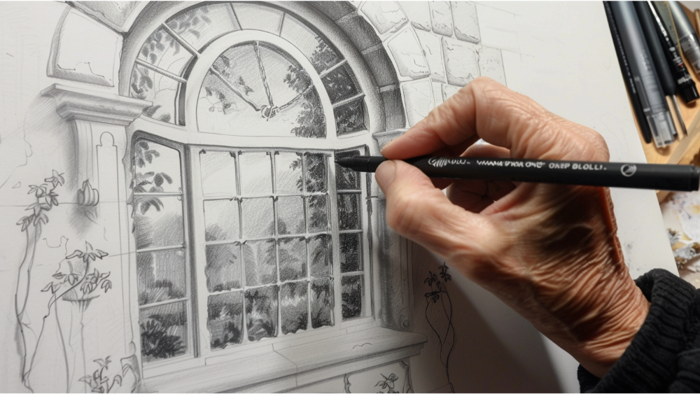 A man drawing a french window