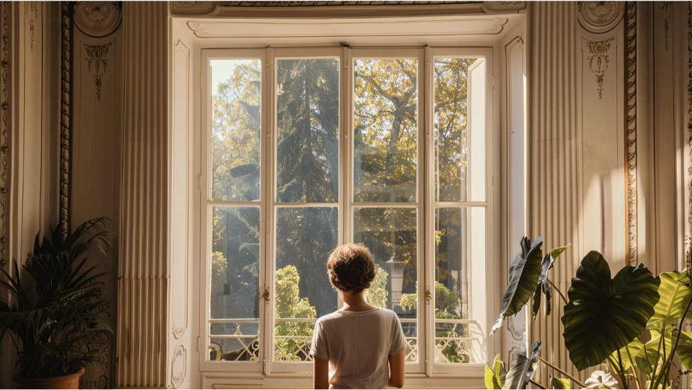 A boy standing in front of a french window