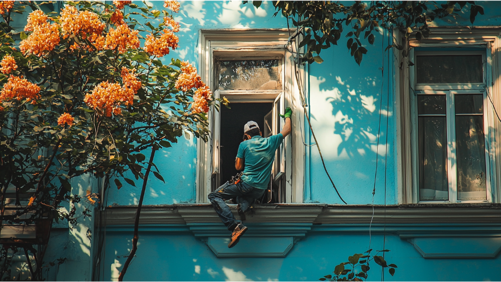 A man fixing a cracked house window