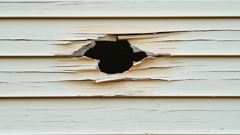 A hole in vinyl siding