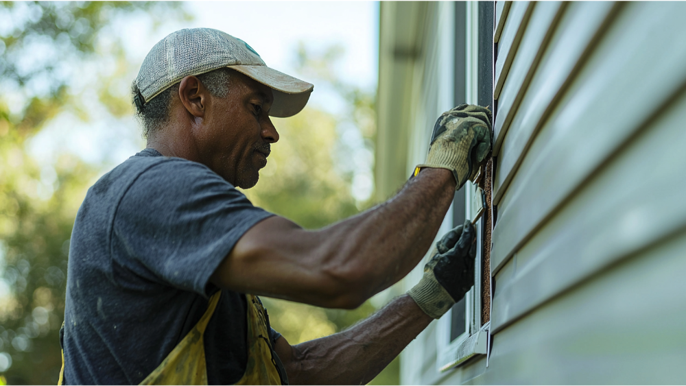 A man repairing vinyl siding