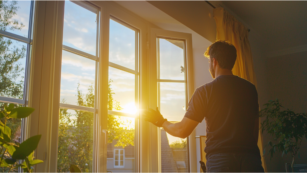 A man insulating a window