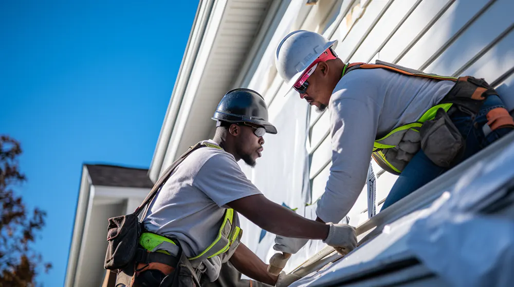 A group of installers installing siding