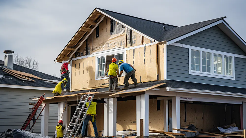 A team of construction workers replacing siding on a home