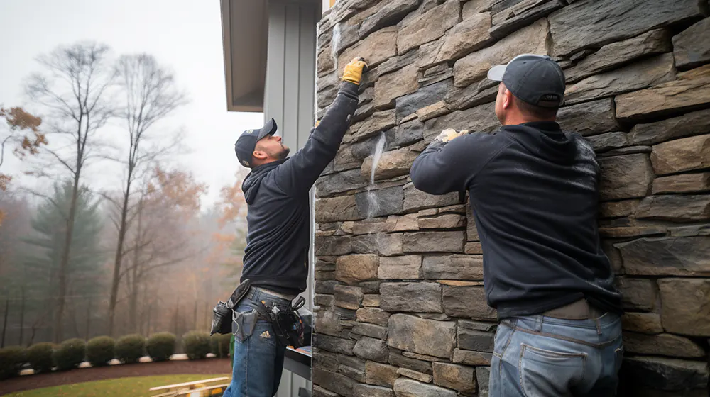 A team installing stone siding