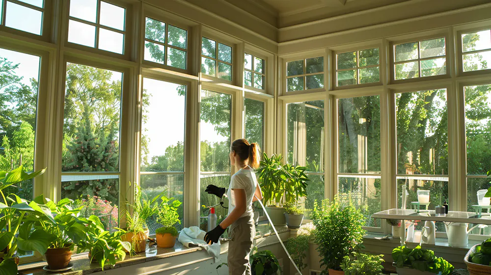 A woman keeping maintenance on a sunroom