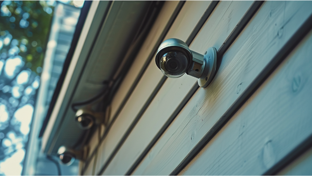 A security camera hanging on the vinyl siding monitoring the home