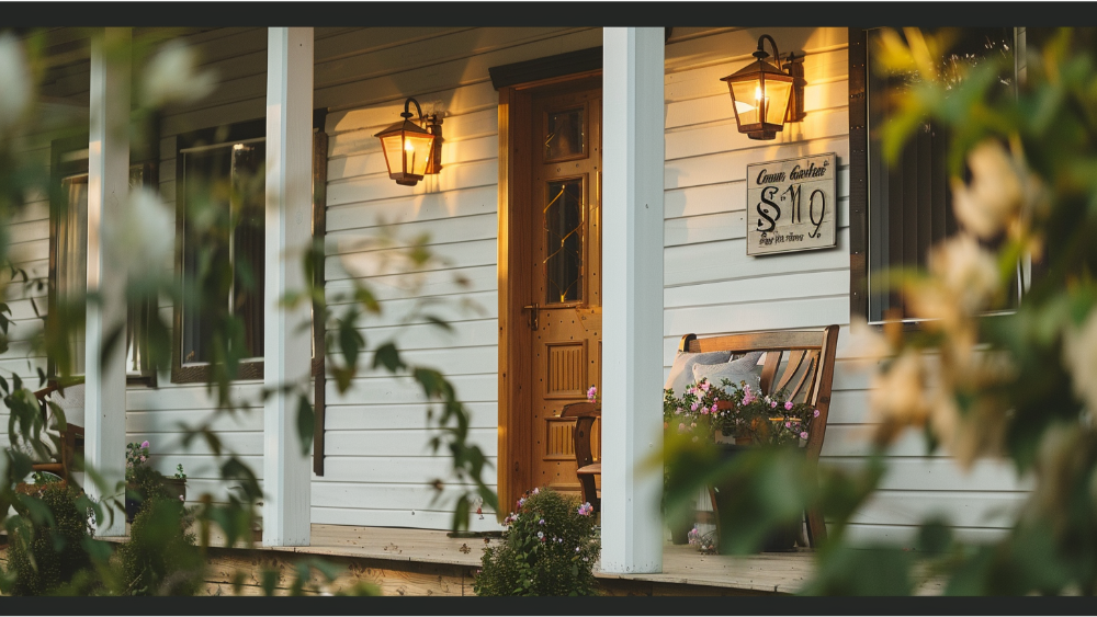 A sign on the front porch of a home hanging on the vinyl siding