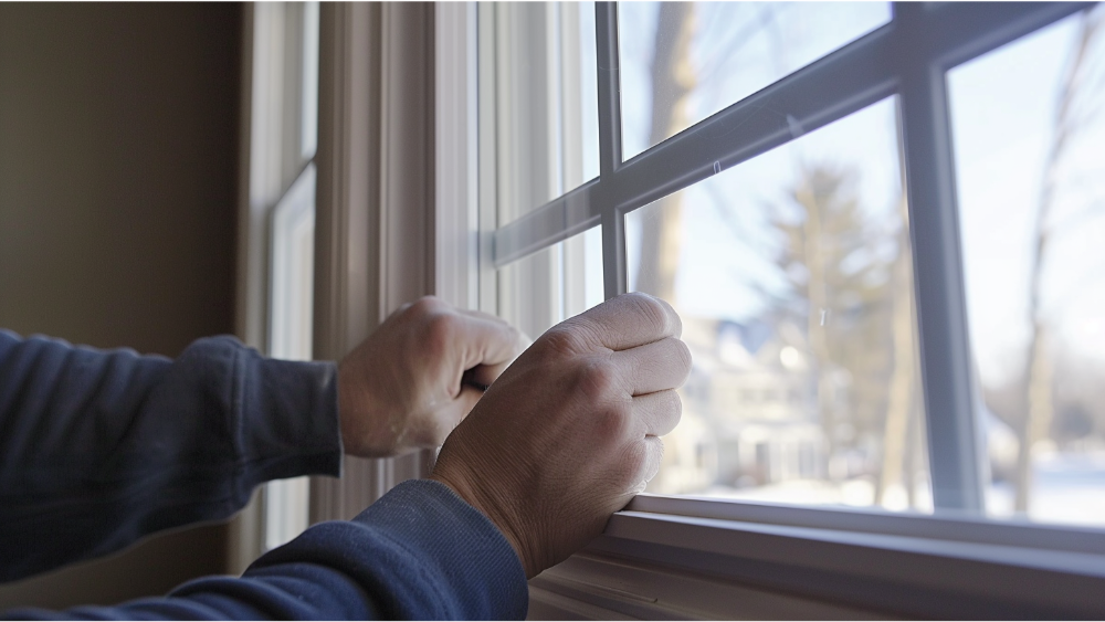 A man installing window trim