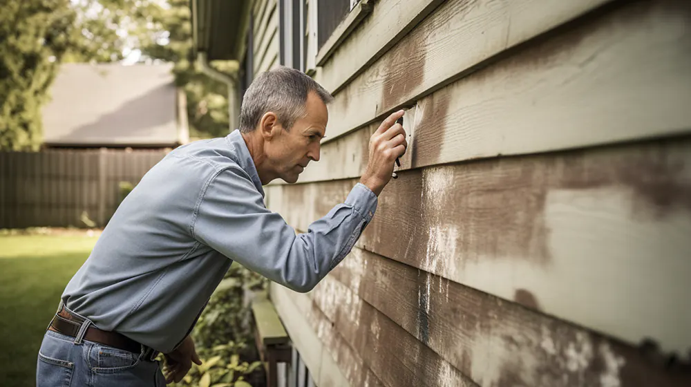 The Pros And Cons Of Hardboard Siding 9 A man inspecting his hardboard siding