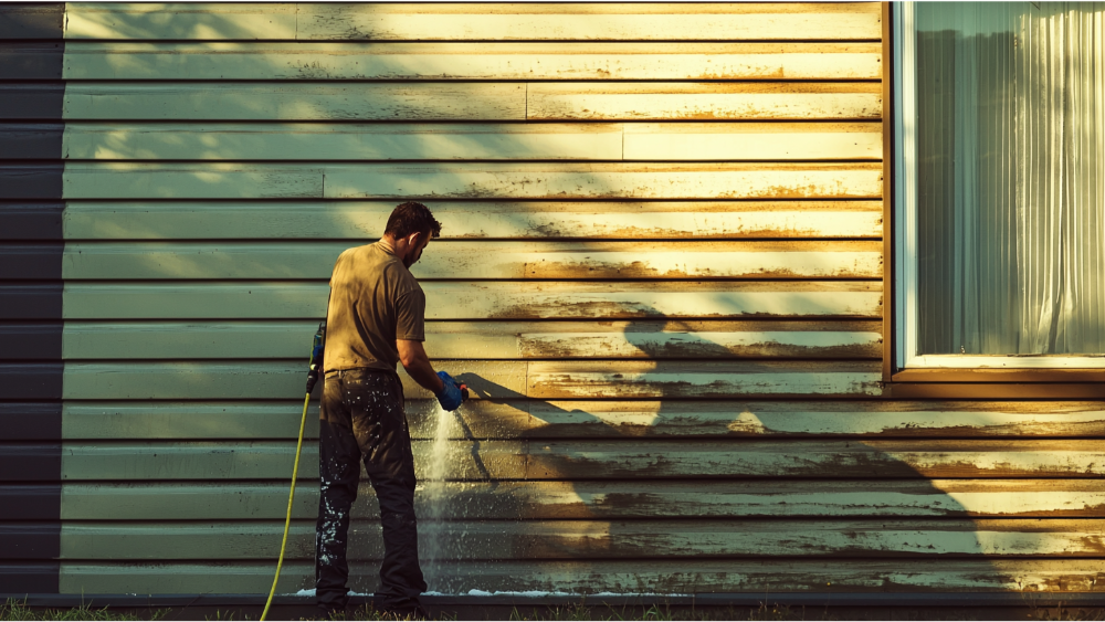 The Best Vinyl Siding Algae Cleaner For 2025 10 A man cleaning a house covered in algae